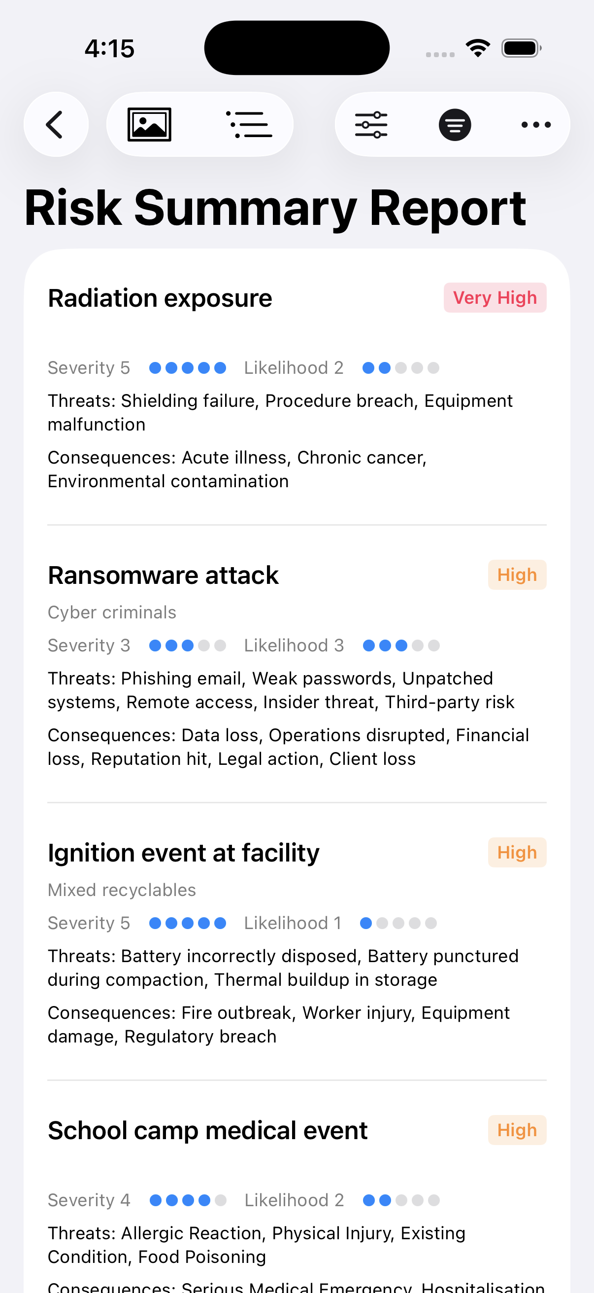 BowTie Risk on iPhone — Risk Summary Report showing severity, likelihood and risk rating