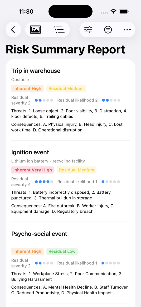 Risk Summary Report on iPhone listing a trip in a warehouse, an ignition event at a lithium-ion battery recycling facility and a psychosocial event, each with inherent and residual ratings, threats and consequences